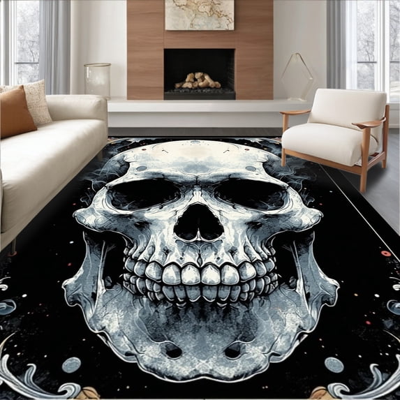 ODIKA 4'x6' Machine Washable Non-Slip Area Rug, Bold Graphic Skull Art High Traffic Rug, White, 14941