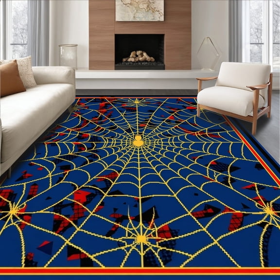 ODIKA 4'x6' Machine Washable Non-Slip Area Rug, Web Marvelous Circular High Traffic Rug, Blue, 88626