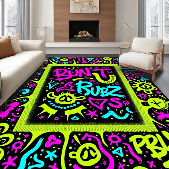 ODIKA 4' x 6' Machine Washable Non-Slip Area Rug, Graffiti squiggle High Traffic Rug, Black, 610258