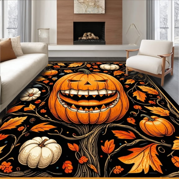 ODIKA 4'x6' Machine Washable Non-Slip Area Rug, Harvest Moon Pumpkin Medallion Circular High Traffic Rug, Orange, 276670
