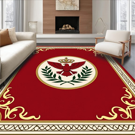 ODIKA 4'x6' Machine Washable Non-Slip Area Rug, Vibrant Medallion Crest Artwork High Traffic Rug, Red, 405133