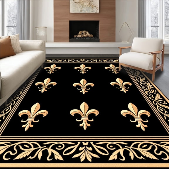 ODIKA 4'x6' Machine Washable Non-Slip Area Rug, Opulent Fleur de With Acanthus Leaf Borders High Traffic Rug, Black, 403793