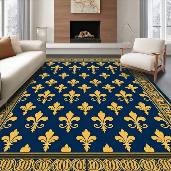 ODIKA 4'x6' Machine Washable Non-Slip Area Rug, Fleur De Interlocking Inspired High Traffic Rug, Blue, 406581