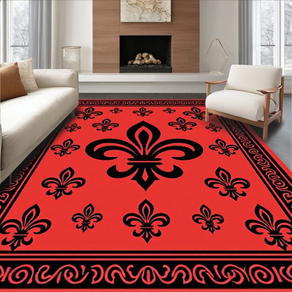 ODIKA 4'x6' Machine Washable Non-Slip Area Rug, Garnet Fleur De Motif High Traffic Rug, Red, 403868