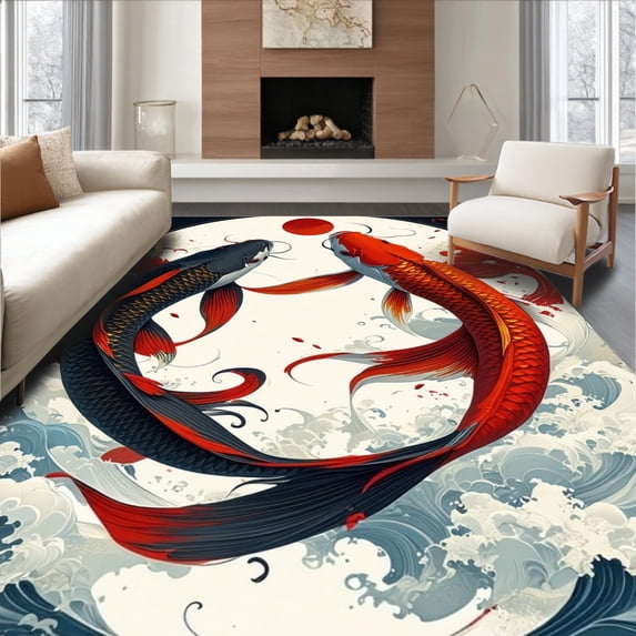 ODIKA 4'x6' Machine Washable Non-Slip Area Rug, Lucky Fish Welcome Contemporary Koi Design Entryway Floor High Traffic Rug, Red, 101958