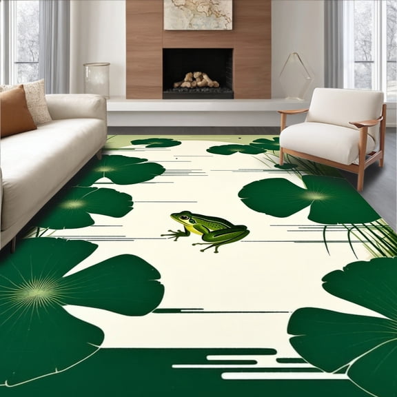 ODIKA 4'x6' Machine Washable Non-Slip Area Rug, Vintage Green Frog Bathroom Artistic Pond Life Designer High Traffic Rug, Green, 93715