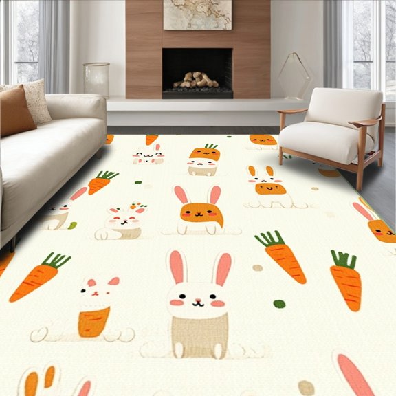 ODIKA 4' x 6' Machine Washable Non-Slip Area Rug, Kawaii Bunny High Traffic Rug, Orange, 100579