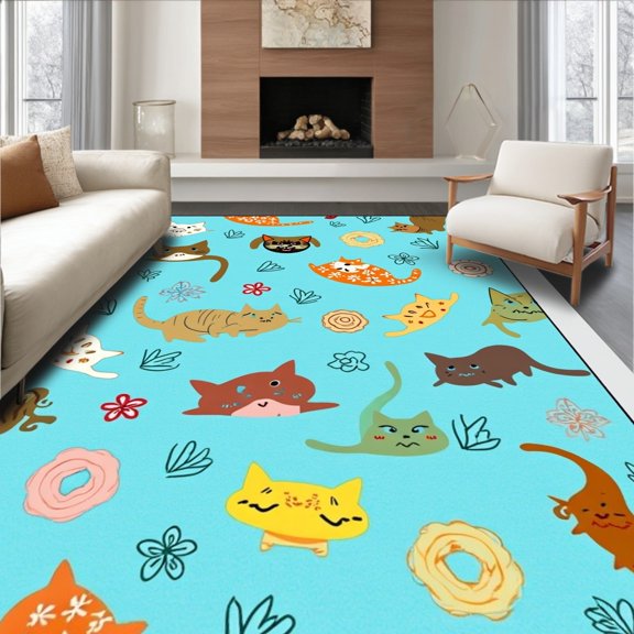 ODIKA 4' x 6' Machine Washable Non-Slip Area Rug, Kawaii Cat High Traffic Rug, Blue, 310008