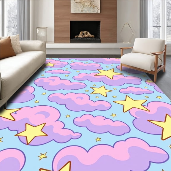ODIKA 4' x 6' Machine Washable Non-Slip Area Rug, Kawaii Cloud High Traffic Rug, Blue, 392732