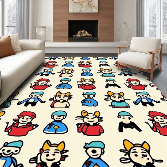 ODIKA 4' x 6' Machine Washable Non-Slip Area Rug, Kawaii Fox High Traffic Rug, Red, 446290