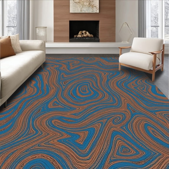 ODIKA 4'x6' Machine Washable Non-Slip Area Rug, Rustic Riverbed with Interlocking Motifs and Earthy Accents High Traffic Rug, Blue, 308774