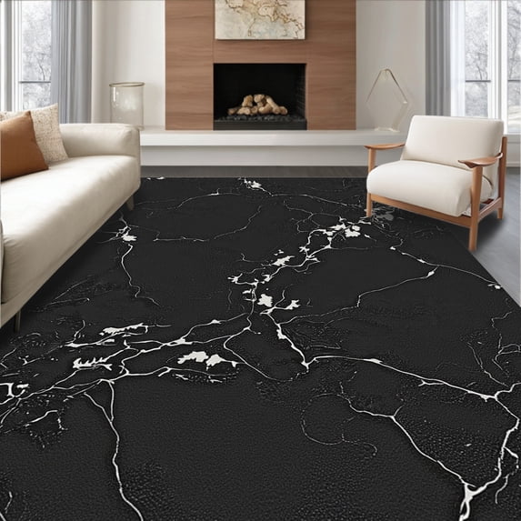 ODIKA 4'x6' Machine Washable Non-Slip Area Rug, Blotched Design Marbled Shade Effect High Traffic Rug, Black, 312904