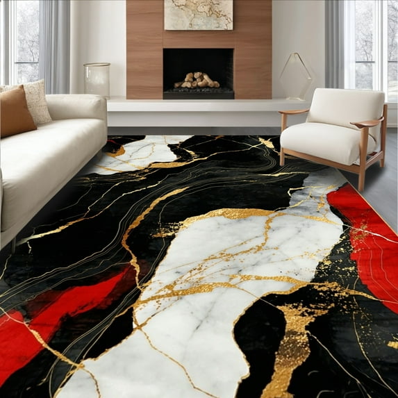 ODIKA 4'x6' Machine Washable Non-Slip Area Rug, Contemporary Irregular Marble Swirl with Bold Contrast Streaks High Traffic Rug, Black, 125513