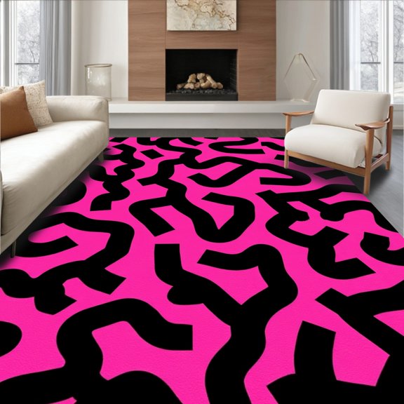 ODIKA 4' x 6' Machine Washable Non-Slip Area Rug, Memphis Squiggle High Traffic Rug, Pink, 294501