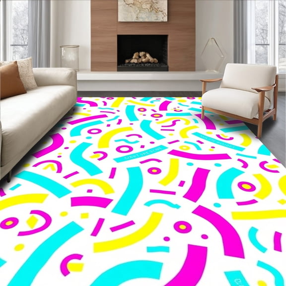 ODIKA 4' x 6' Machine Washable Non-Slip Area Rug, Memphis Squiggle High Traffic Rug, Pink, 396330