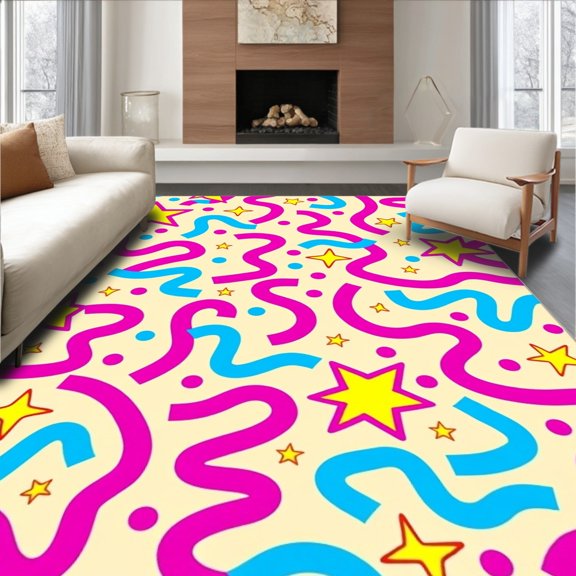 ODIKA 4' x 6' Machine Washable Non-Slip Area Rug, Memphis Squiggle High Traffic Rug, Pink, 537490
