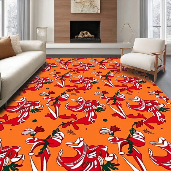 ODIKA 4' x 6' Machine Washable Non-Slip Area Rug, Mid-Century Flower High Traffic Rug, Orange, 756696