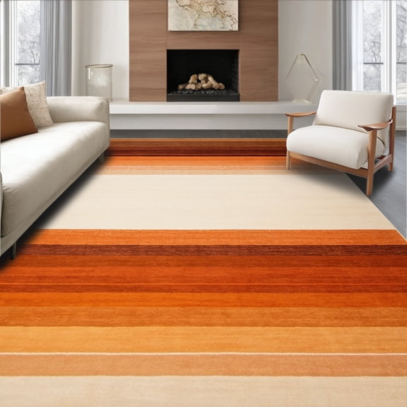 ODIKA 4'x6' Machine Washable Non-Slip Area Rug, Amber Horizon with Faded Gradient Stripes in Burnt Orange and High Traffic Rug, Beige, 48850