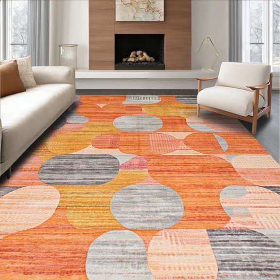 ODIKA 4' x 6' Machine Washable Non-Slip Area Rug, Mid-Century Oval High Traffic Rug, Orange, 274559