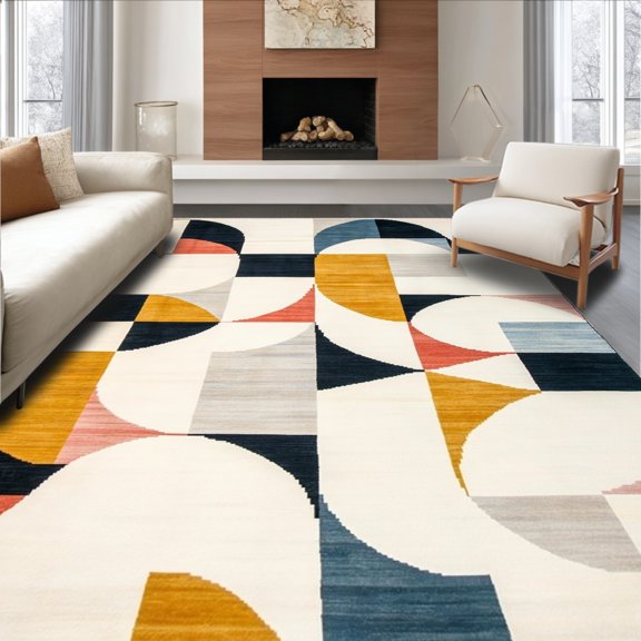 ODIKA 4' x 6' Machine Washable Non-Slip Area Rug, Mid-Century Semi-Circle High Traffic Rug, Blue, 192661