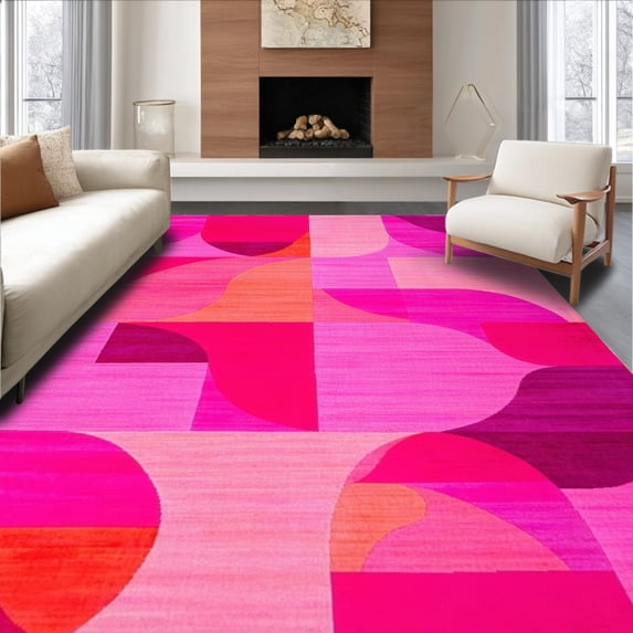 ODIKA 4'x6' Machine Washable Non-Slip Area Rug, Modern Geometric Abstract Floor Covering for Contemporary Spaces High Traffic Rug, Pink, 146545