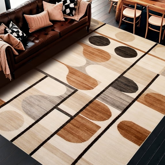 ODIKA 4'x6' Machine Washable Non-Slip Area Rug, Modern Abstract & Beige Hues High Traffic Rug, Beige, 247972