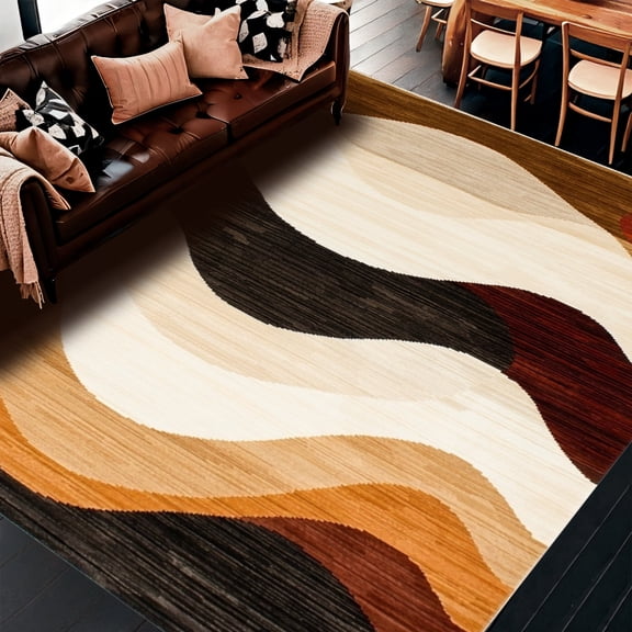 ODIKA 4'x6' Machine Washable Non-Slip Area Rug, Modern Wave Stripe with Artistic Swirl Detailing High Traffic Rug, Beige, 251036