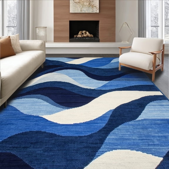 ODIKA 4'x6' Machine Washable Non-Slip Area Rug, Indigo Oval Abstract Wave Formation High Traffic Rug, Blue, 250882