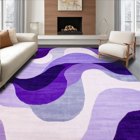 ODIKA 4'x6' Machine Washable Non-Slip Area Rug, Elegant Abstract Swirl With Layered Curves And Contours High Traffic Rug, Purple, 252107