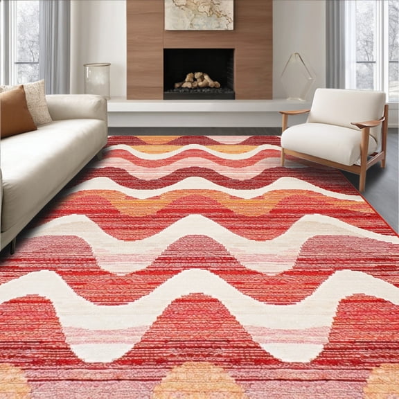 ODIKA 4'x6' Machine Washable Non-Slip Area Rug, Elegant Half Moon with Curved Motifs High Traffic Rug, Red, 252757