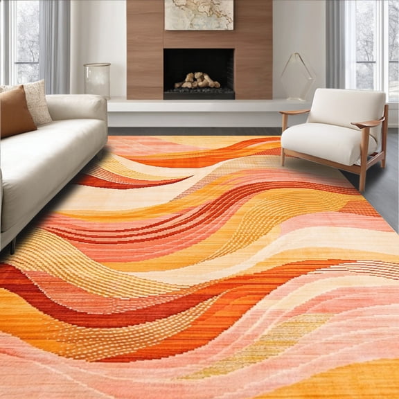 ODIKA 4'x6' Machine Washable Non-Slip Area Rug, Abstract Wave Motif Featuring Fluid Curves and Swirls High Traffic Rug, Peach, 250526