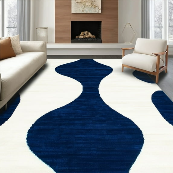 ODIKA 4'x6' Machine Washable Non-Slip Area Rug, Contemporary Wave Motif with Fluid Interlocking Curves and Contrasts High Traffic Rug, Navy, 249723
