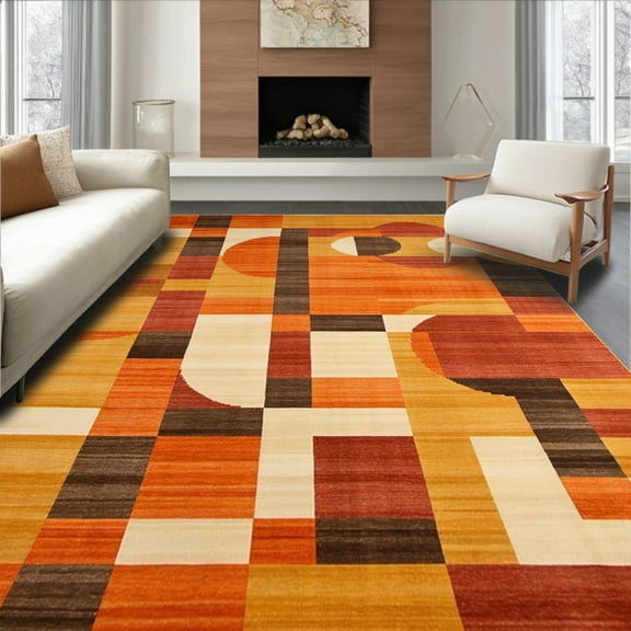 ODIKA 4'x6' Machine Washable Non-Slip Area Rug, Orange Rust Copper Abstract Geometric Shape High Traffic Rug, Orange, 86283