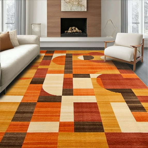 ODIKA 4'x6' Machine Washable Non-Slip Area Rug, Orange Rust Copper Abstract Geometric Shape High Traffic Rug, Orange, 86283
