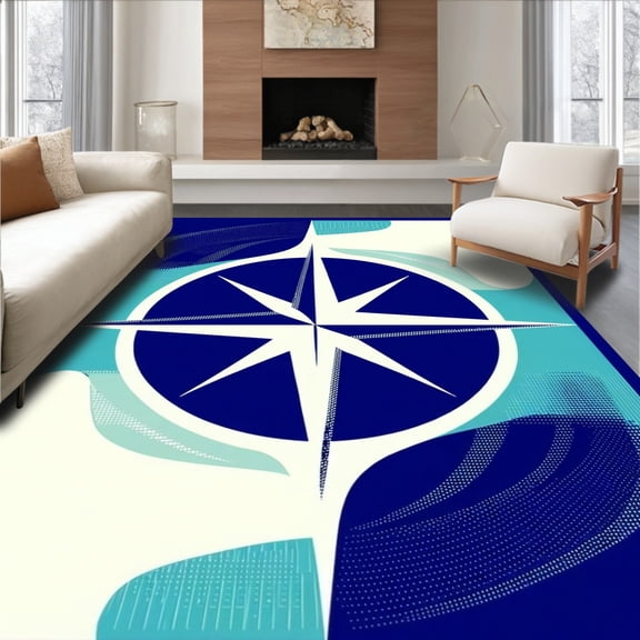 ODIKA 4'x6' Machine Washable Non-Slip Area Rug, Nautical Vibes with Compass Rose and Wave Inspired Geometry High Traffic Rug, Blue, 90364
