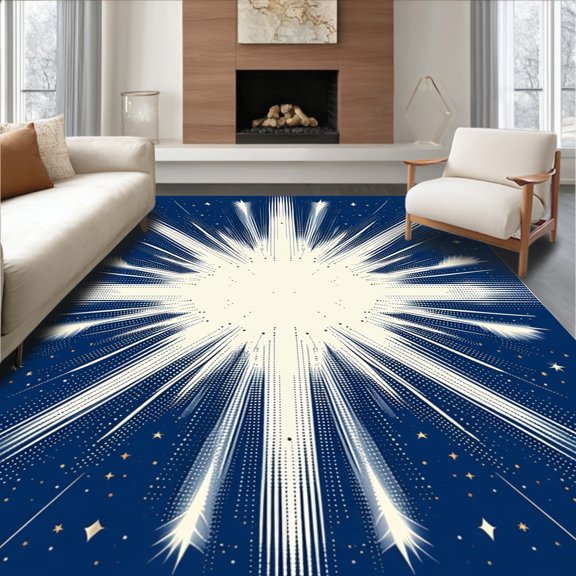 ODIKA 4'x6' Machine Washable Non-Slip Area Rug, Joyful Christmas Geometric Starburst Celebration High Traffic Rug, Blue, 87695