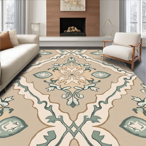 ODIKA 4' x 6' Machine Washable Non-Slip Area Rug, Middle Eastern Diamond High Traffic Rug, Beige, 402066