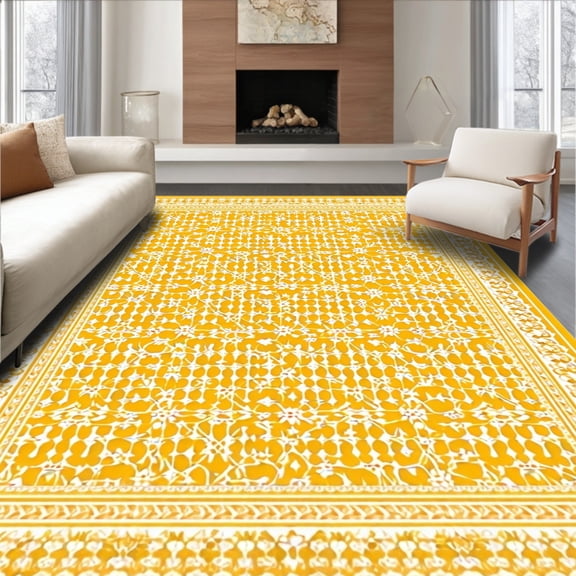 ODIKA 4' x 6' Machine Washable Non-Slip Area Rug, Middle Eastern Diamond High Traffic Rug, Yellow, 19679