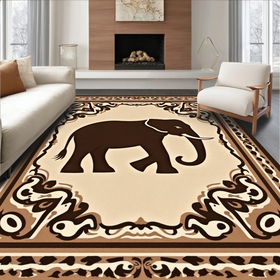 ODIKA 4' x 6' Machine Washable Non-Slip Area Rug, Middle Eastern Elephant High Traffic Rug, Brown, 304271