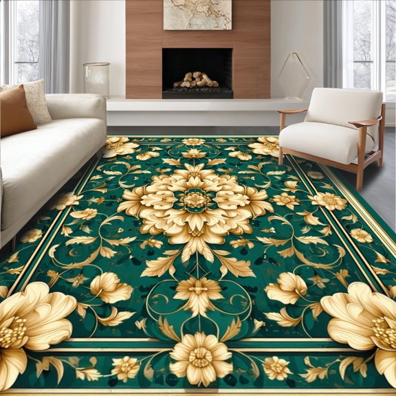 ODIKA 4' x 6' Machine Washable Non-Slip Area Rug, Middle Eastern Floral High Traffic Rug, Gold, 148895