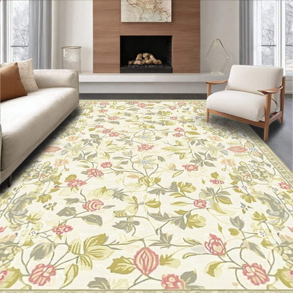 ODIKA 4'x6' Machine Washable Non-Slip Area Rug, Elegant Botanical Motifs with Subtle Contrast for Sophisticated High Traffic Rug, Beige, 224705