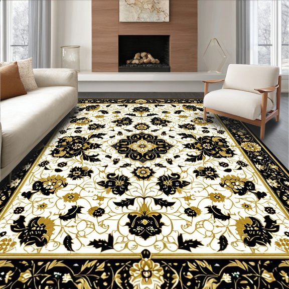 ODIKA 4'x6' Machine Washable Non-Slip Area Rug, Luxurious Ornate Dark Motif High Traffic Rug, Black, 27156