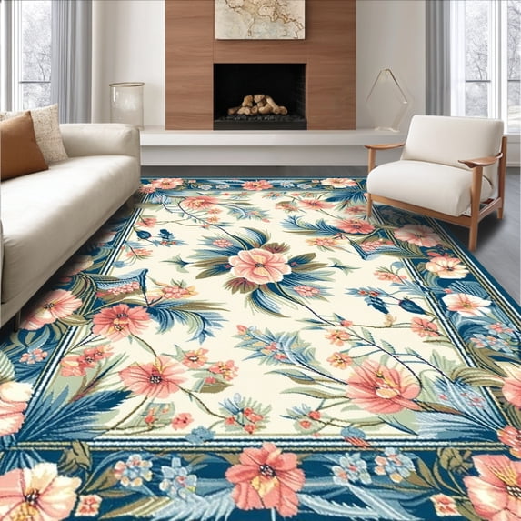 ODIKA 4'x6' Machine Washable Non-Slip Area Rug, Chic Featuring Lush Floral and Feathered High Traffic Rug, Coral, 123105