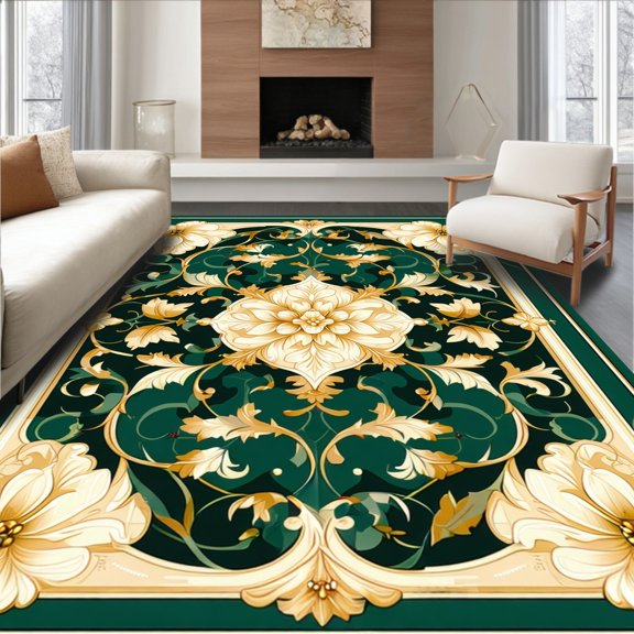 ODIKA 4' x 6' Machine Washable Non-Slip Area Rug, Middle Eastern Flower High Traffic Rug, Gold, 200334