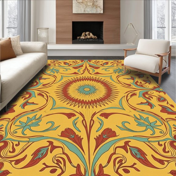 ODIKA 4' x 6' Machine Washable Non-Slip Area Rug, Middle Eastern Flower High Traffic Rug, Gold, 337188