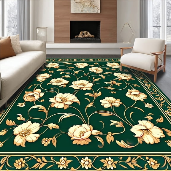ODIKA 4' x 6' Machine Washable Non-Slip Area Rug, Middle Eastern Flower High Traffic Rug, Green, 210546