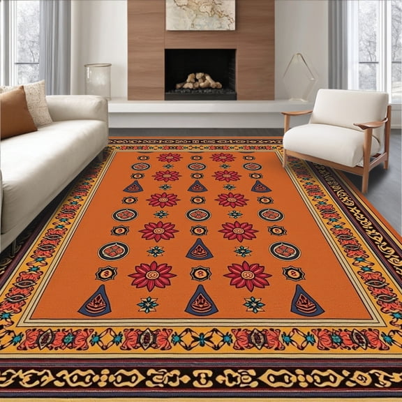 ODIKA 4' x 6' Machine Washable Non-Slip Area Rug, Middle Eastern Flower High Traffic Rug, Orange, 407867