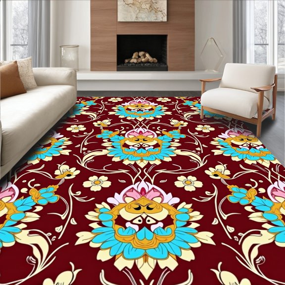 ODIKA 4' x 6' Machine Washable Non-Slip Area Rug, Middle Eastern Flower High Traffic Rug, Red, 350726