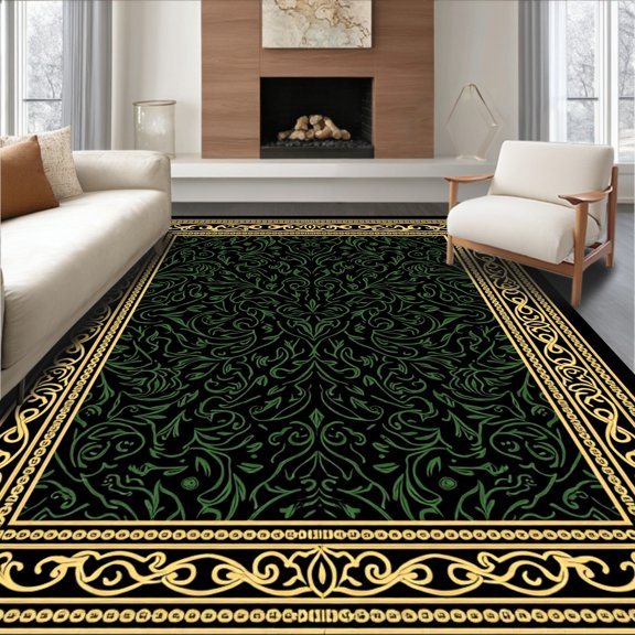 ODIKA 4' x 6' Machine Washable Non-Slip Area Rug, Middle Eastern Foliage High Traffic Rug, Black, 343477