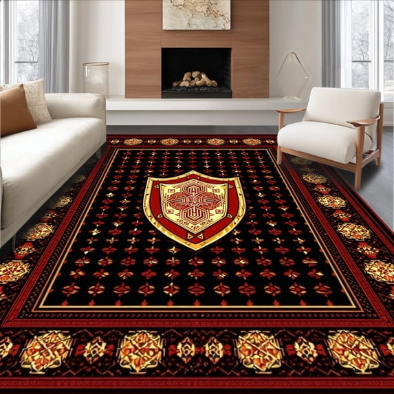 ODIKA 4' x 6' Machine Washable Non-Slip Area Rug, Middle Eastern Heraldic Medallion High Traffic Rug, Black, 183073